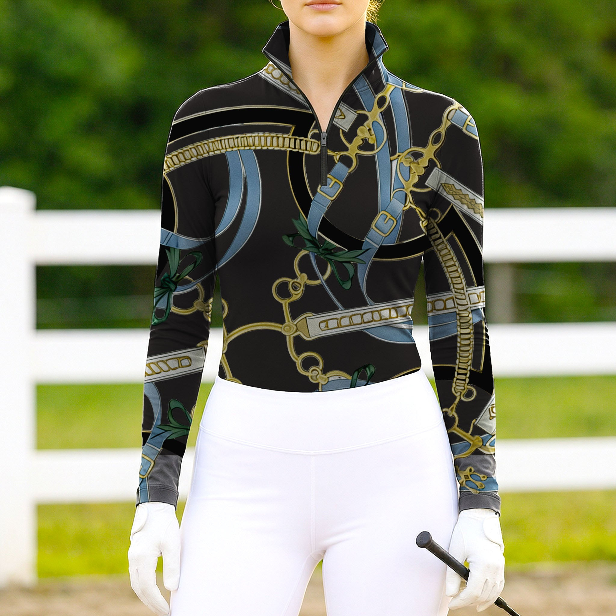 Equestrian Belt And Bow Quarter-Zip Top | Black Gold Riding Shirt RIDING927