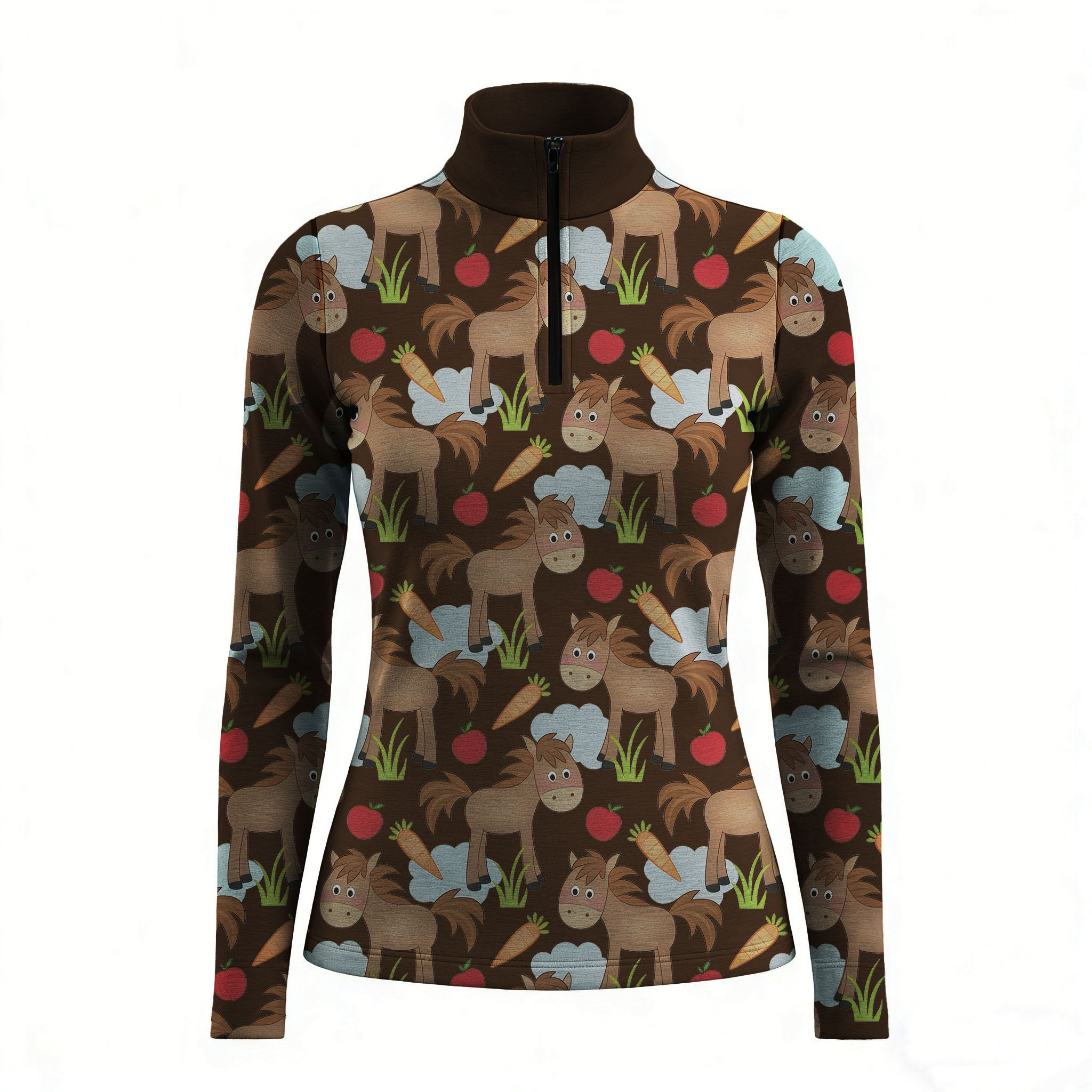 Cute Cartoon Horse Equestrian Quarter-Zip Top | Dark Brown Riding Shirt RIDING927