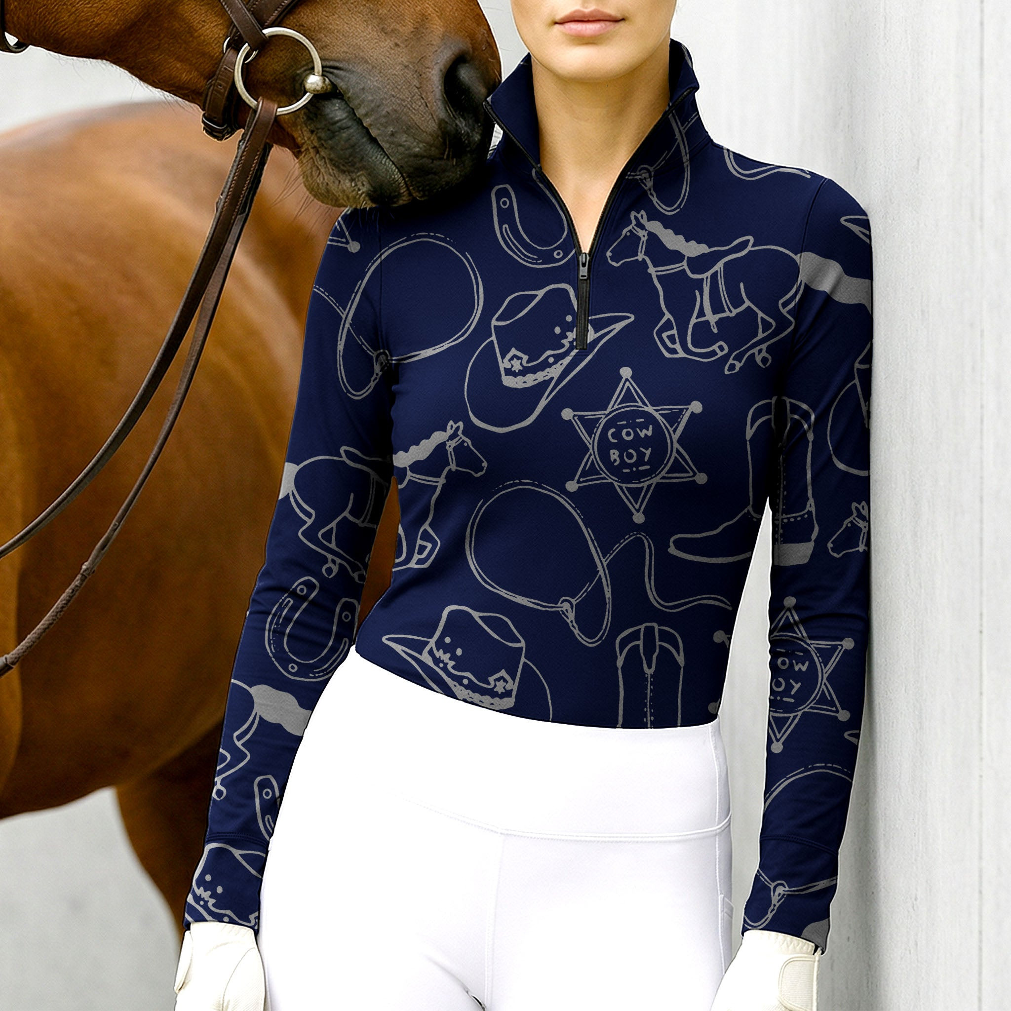 Cowboy Western Equestrian Quarter-Zip Top | Navy Blue Riding Shirt RIDING927