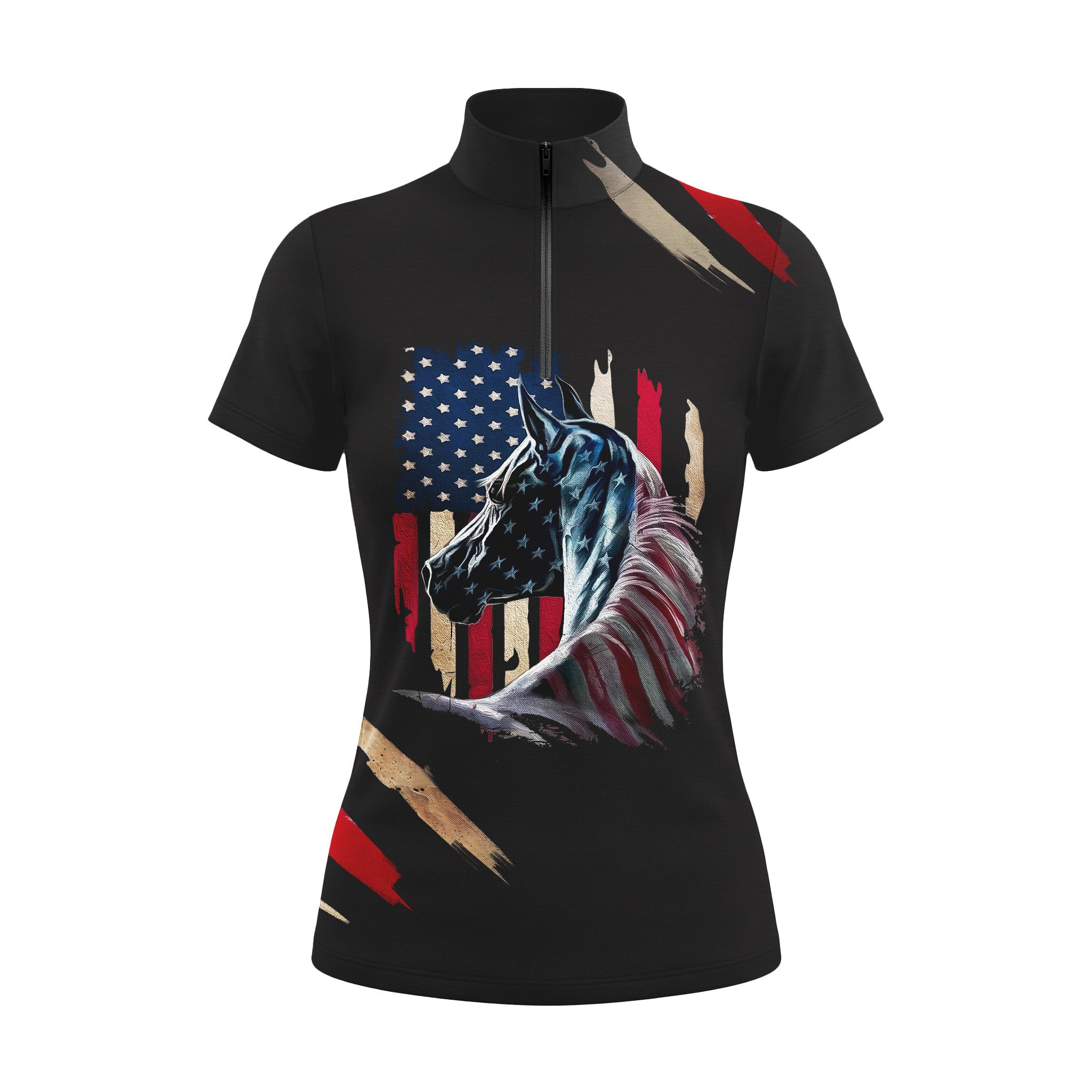 Patriotic American Flag Horse Print Short-Sleeve Quarter-Zip Riding Top RIDING927