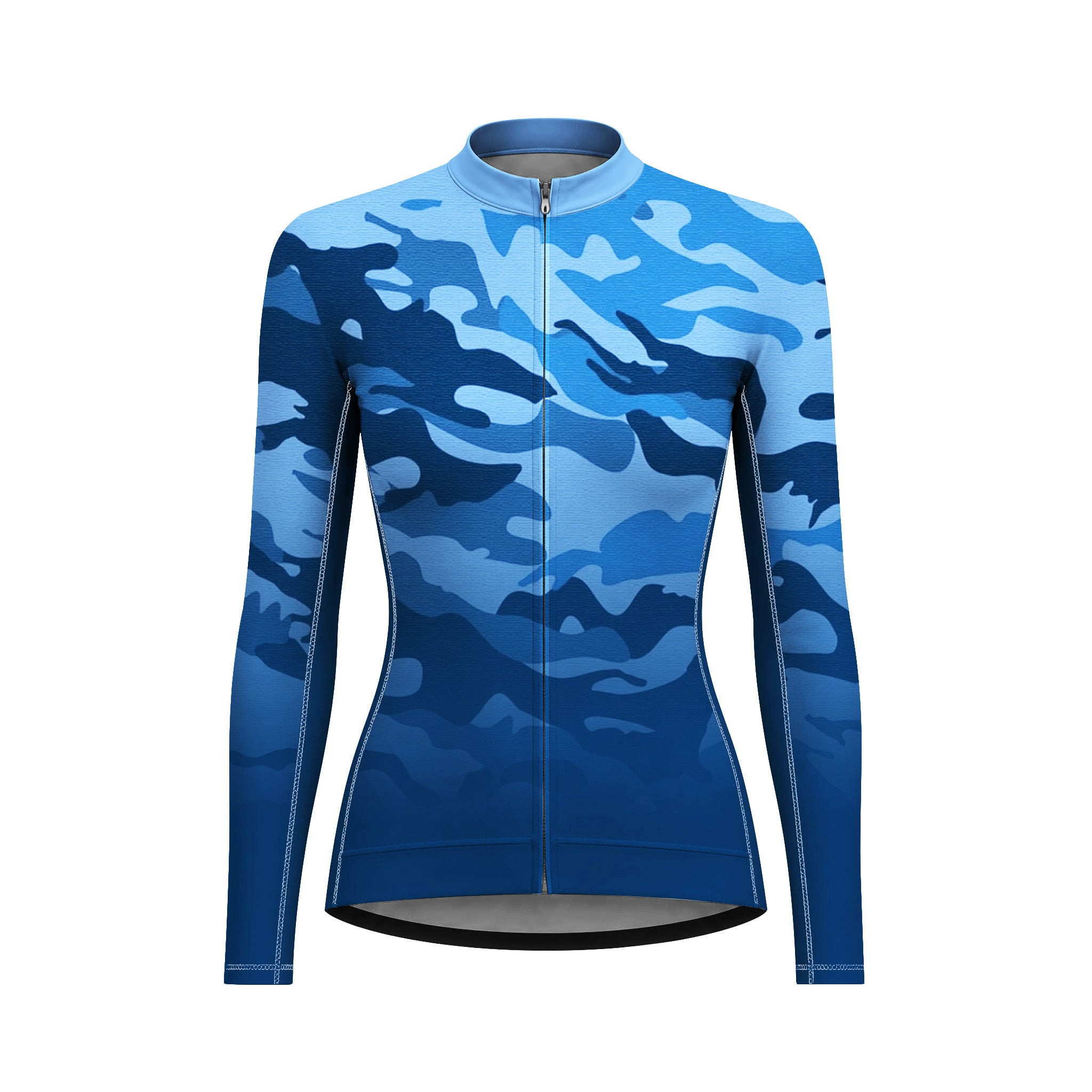 Women Long Sleeve Blue Camo Cycling Jersey Full Zip Bike Top RIDING927