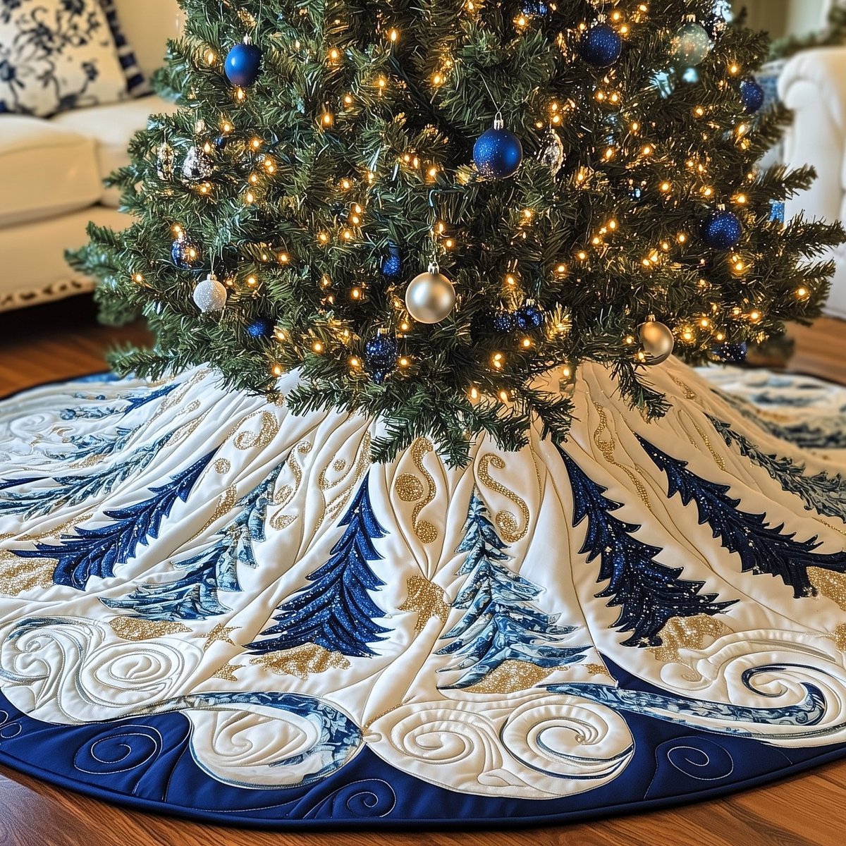 Indigo Trees in a Blue Scroll Christmas Tree Skirt - Made to Order TREEK101