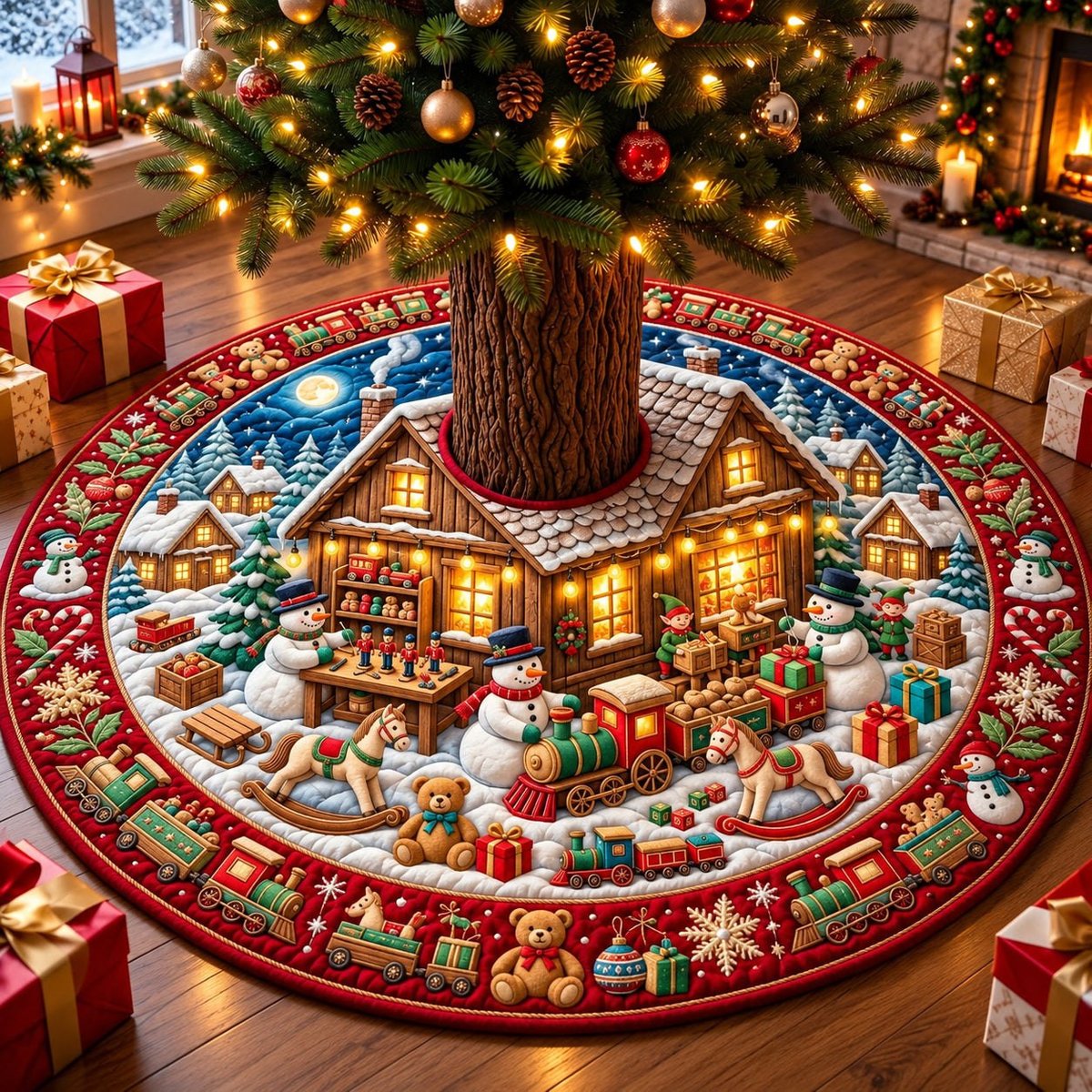 Snowman Toy Workshop Christmas Tree Skirt - Made to Order TREEK101