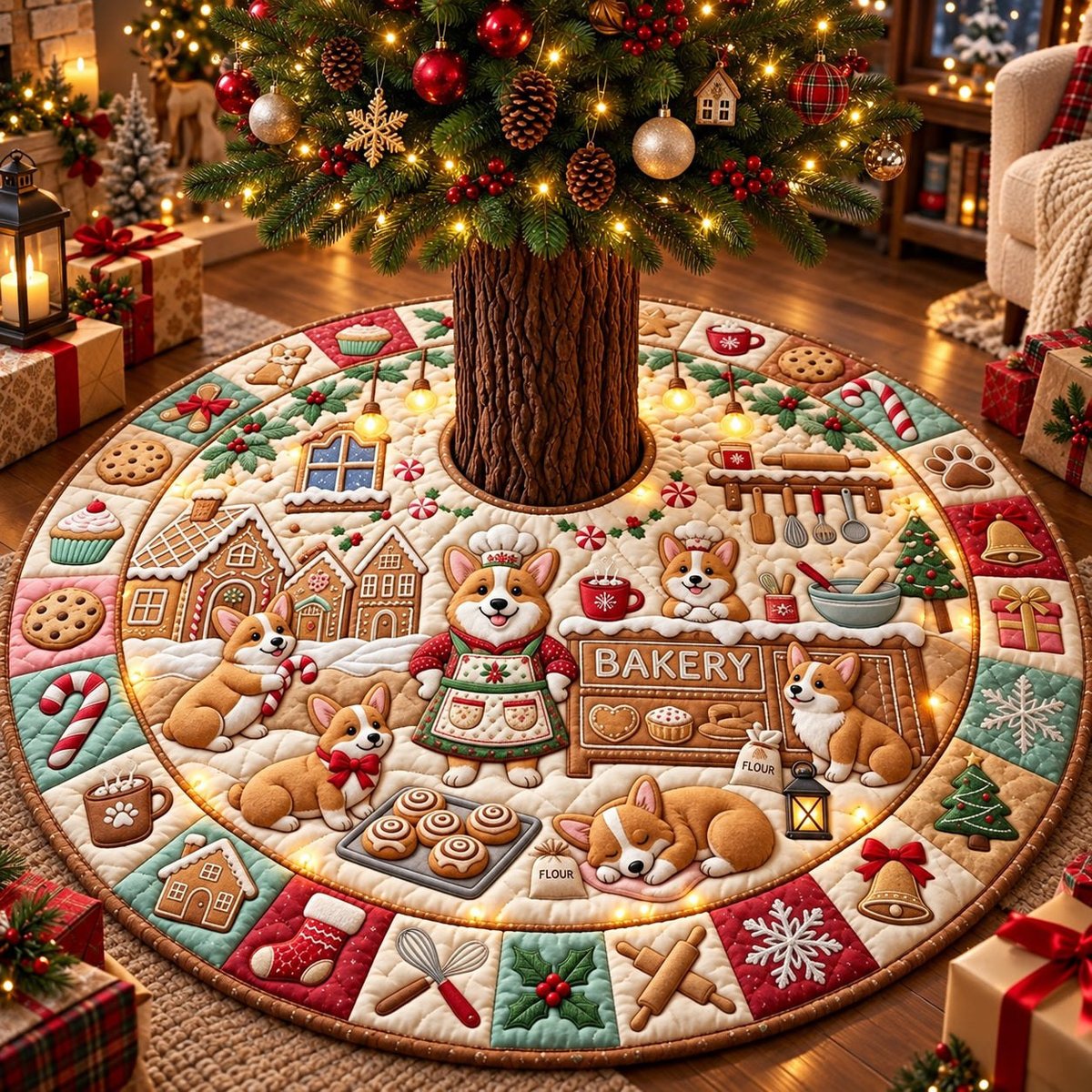 Corgi Gingerbread Bakery Christmas Tree Skirt - Made to Order TREEK101