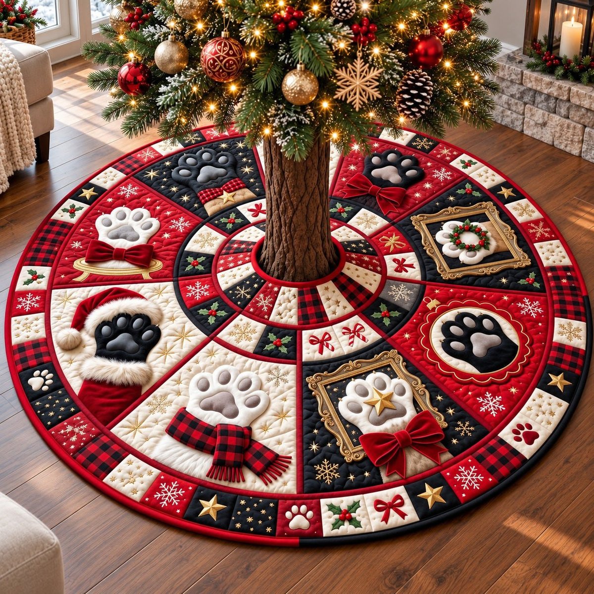 Plaid Stocking Paws Christmas Tree Skirt - Made to Order TREEK101