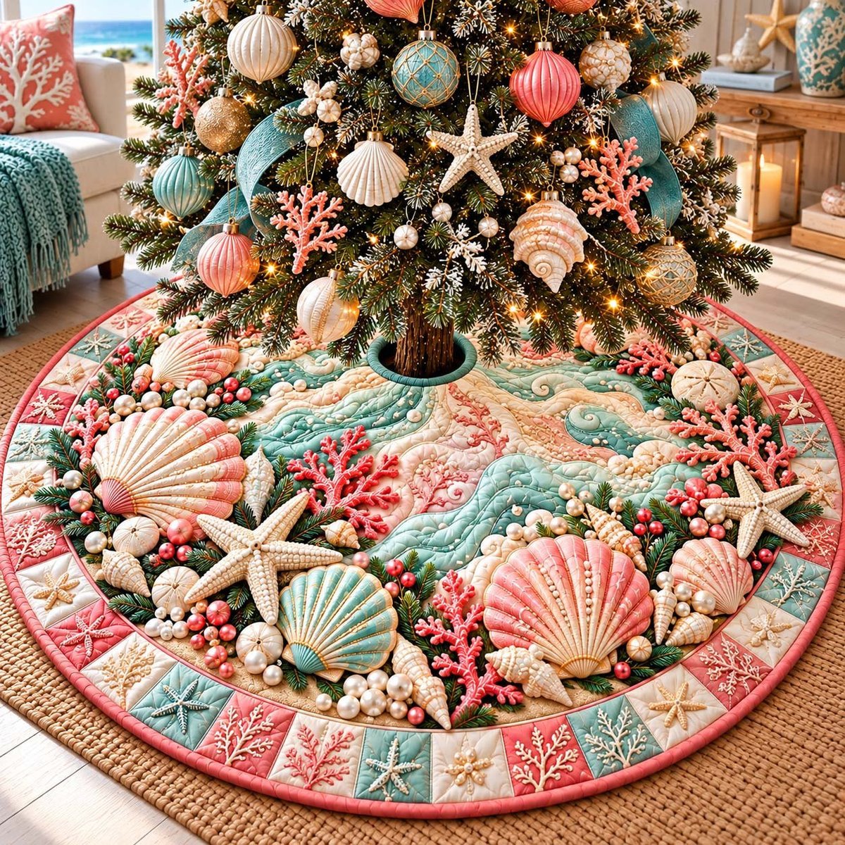 Coral Seashell Christmas Tree Skirt - Made to Order TREEK101