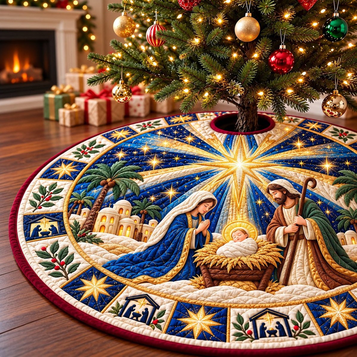 Nativity Bethlehem Blessing Christmas Tree Skirt - Made to Order TREEK101