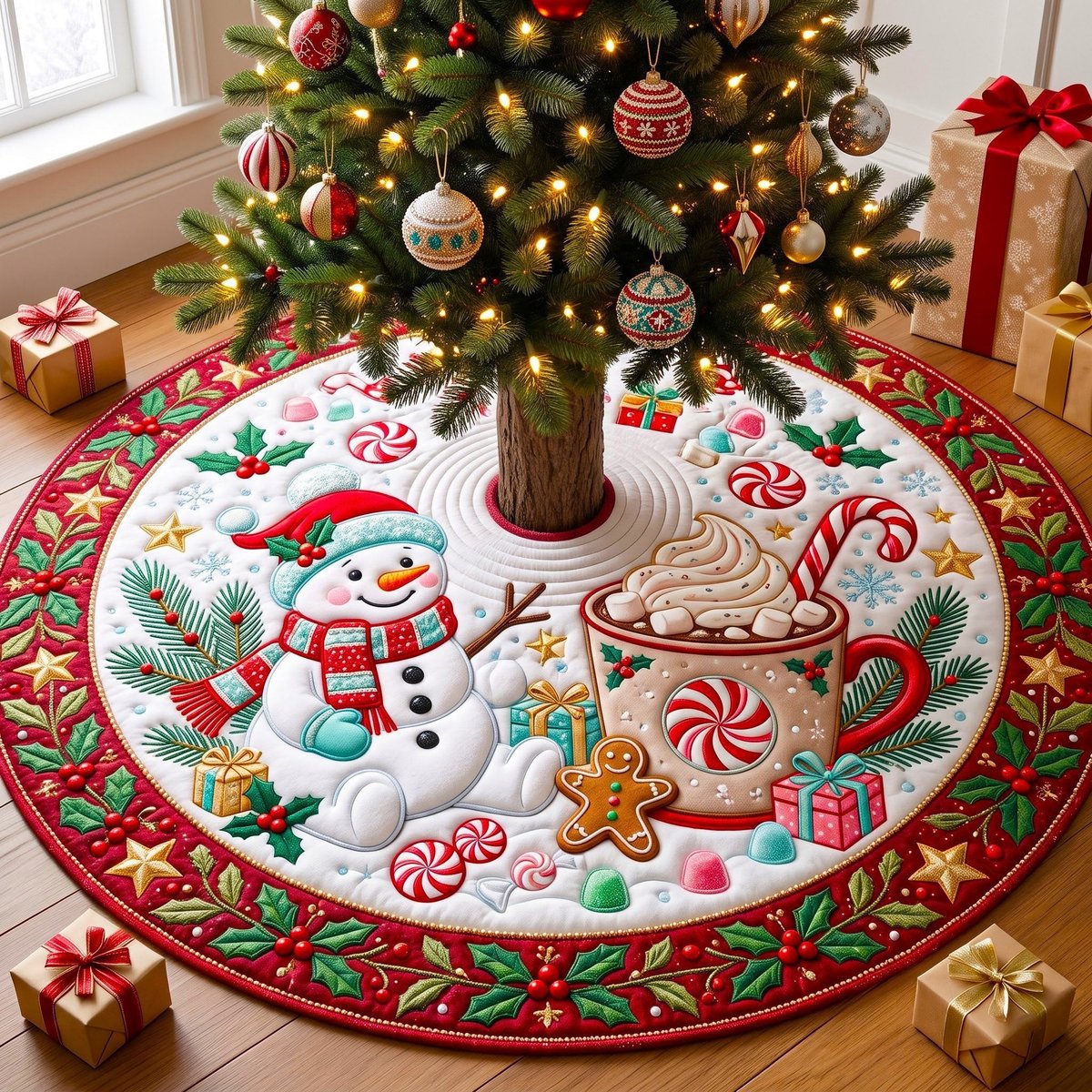 Snowman Cocoa Candy Cane Christmas Tree Skirt - Made to Order TREEK101
