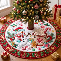 Snowman Cocoa Candy Cane Christmas Tree Skirt - Made to Order TREEK101