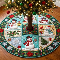 Snowman Teal Patchwork Squares Christmas Tree Skirt - Made to Order TREEK101
