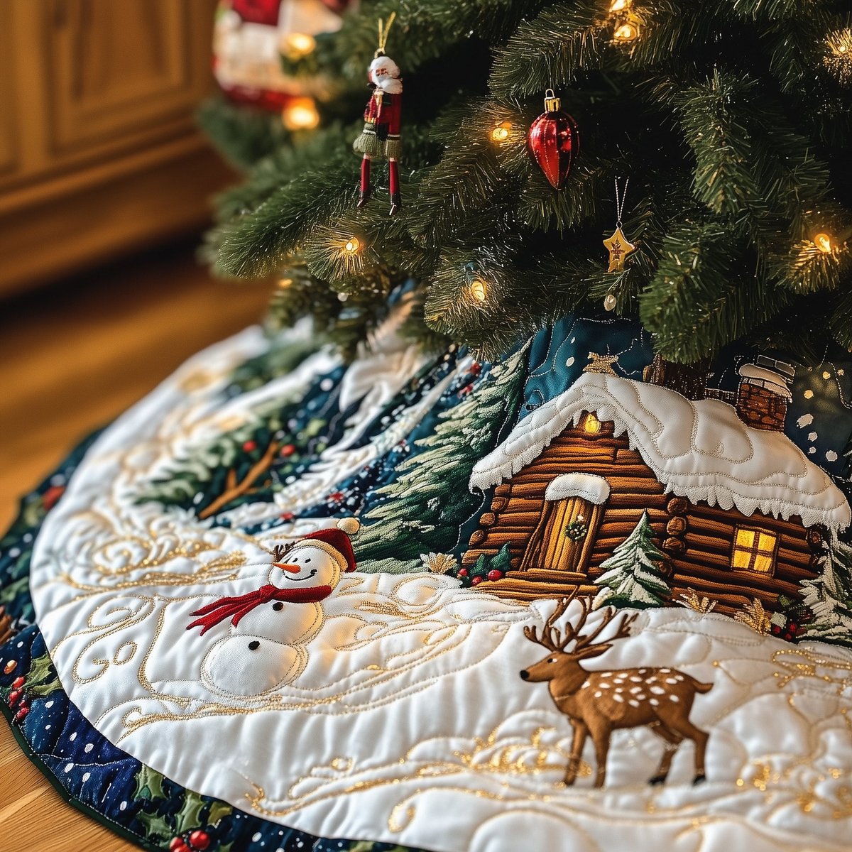 Snowman and Deer by the Cabin Christmas Tree Skirt - Made to Order TREEK101