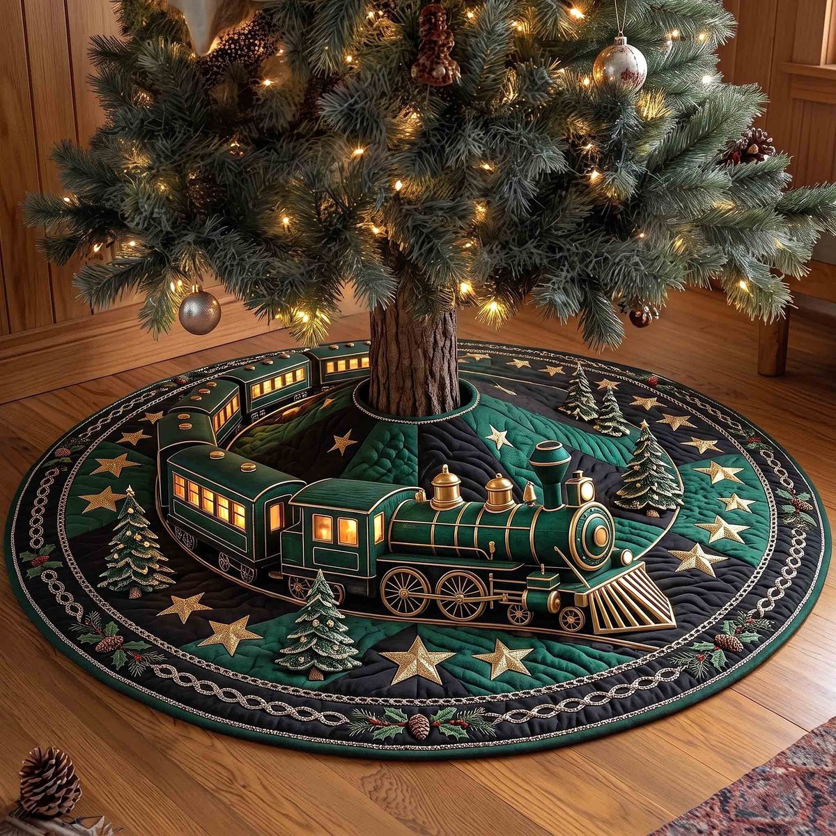 Emerald Star Green Locomotive Christmas Tree Skirt - Made to Order TREEK101