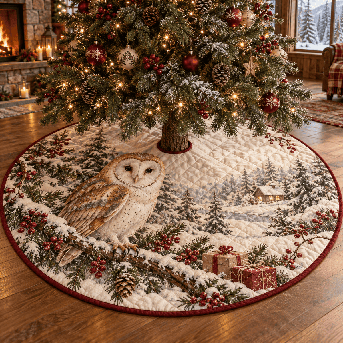 Winter Barn Owl Quilted Christmas Tree Skirt TREEK101