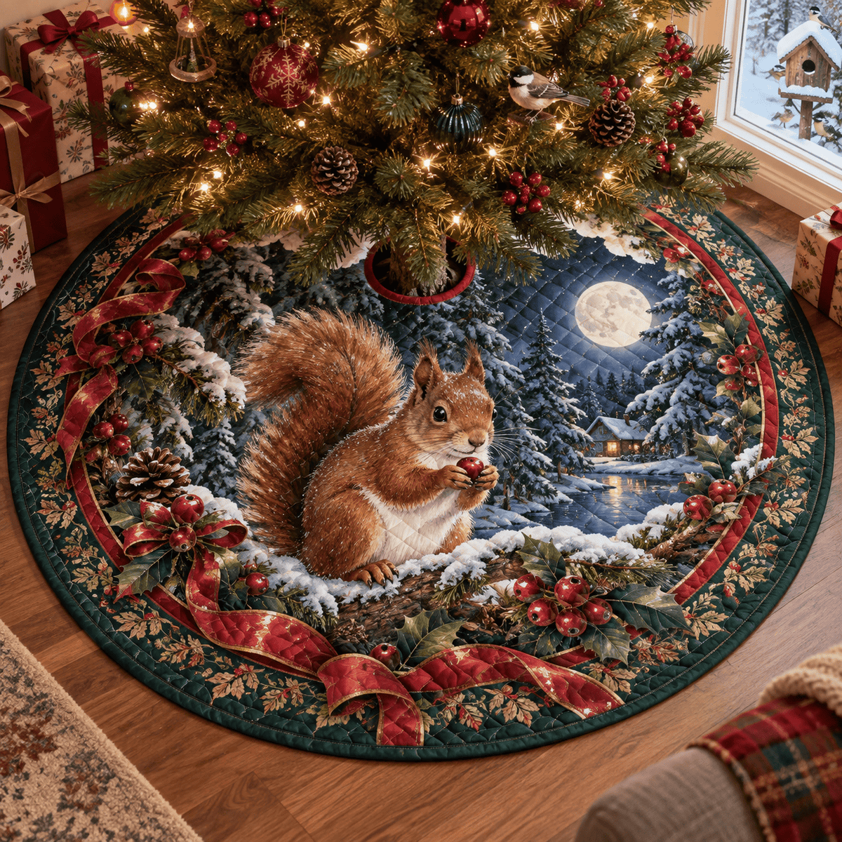 Red Squirrel Quilted Christmas Tree Skirt TREEK101