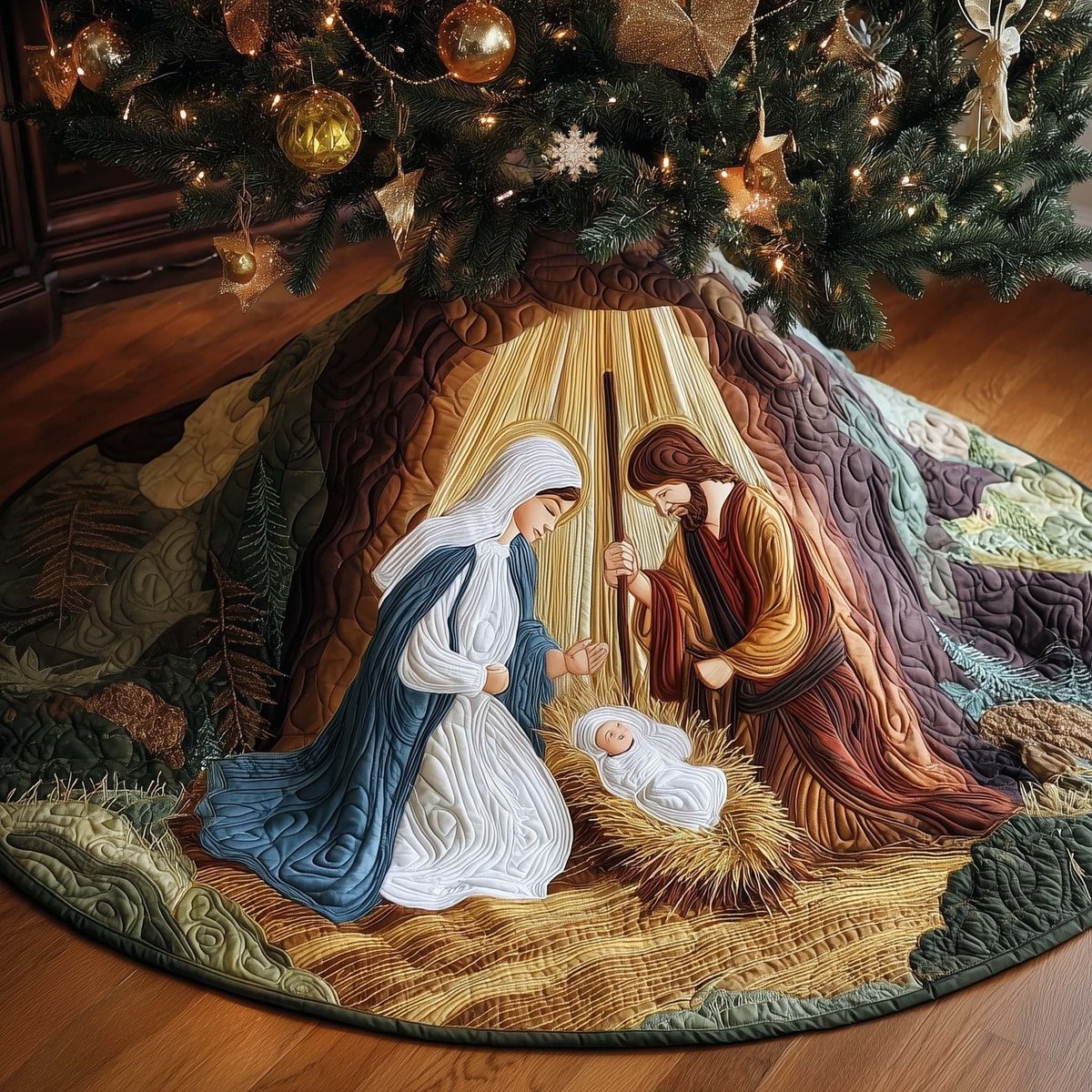 Nativity in a Golden Cave Christmas Tree Skirt - Made to Order TREEK101