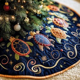 Turtles on Navy with Gold Swirls Christmas Tree Skirt - Made to Order TREEK101