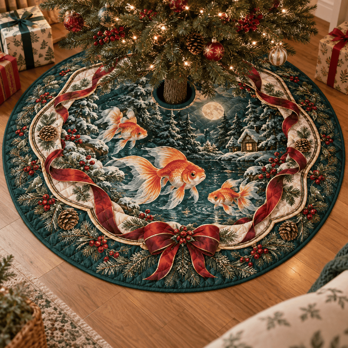 Goldfish Quilted Christmas Tree Skirt TREEK101