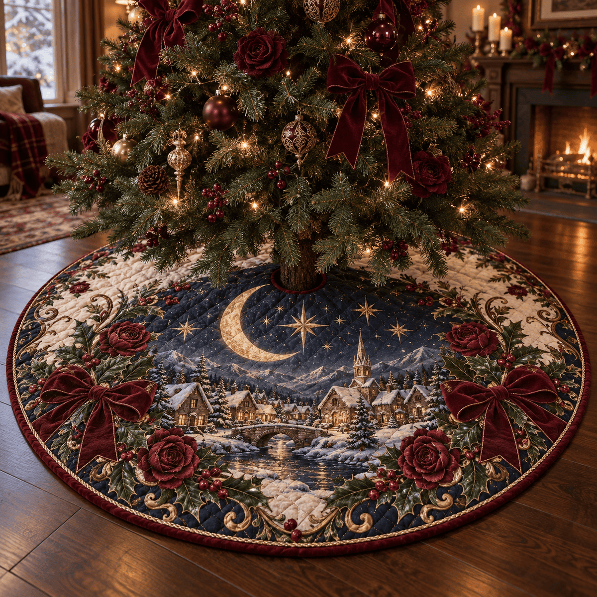 Burgundy Celestial Quilted Christmas Tree Skirt TREEK101