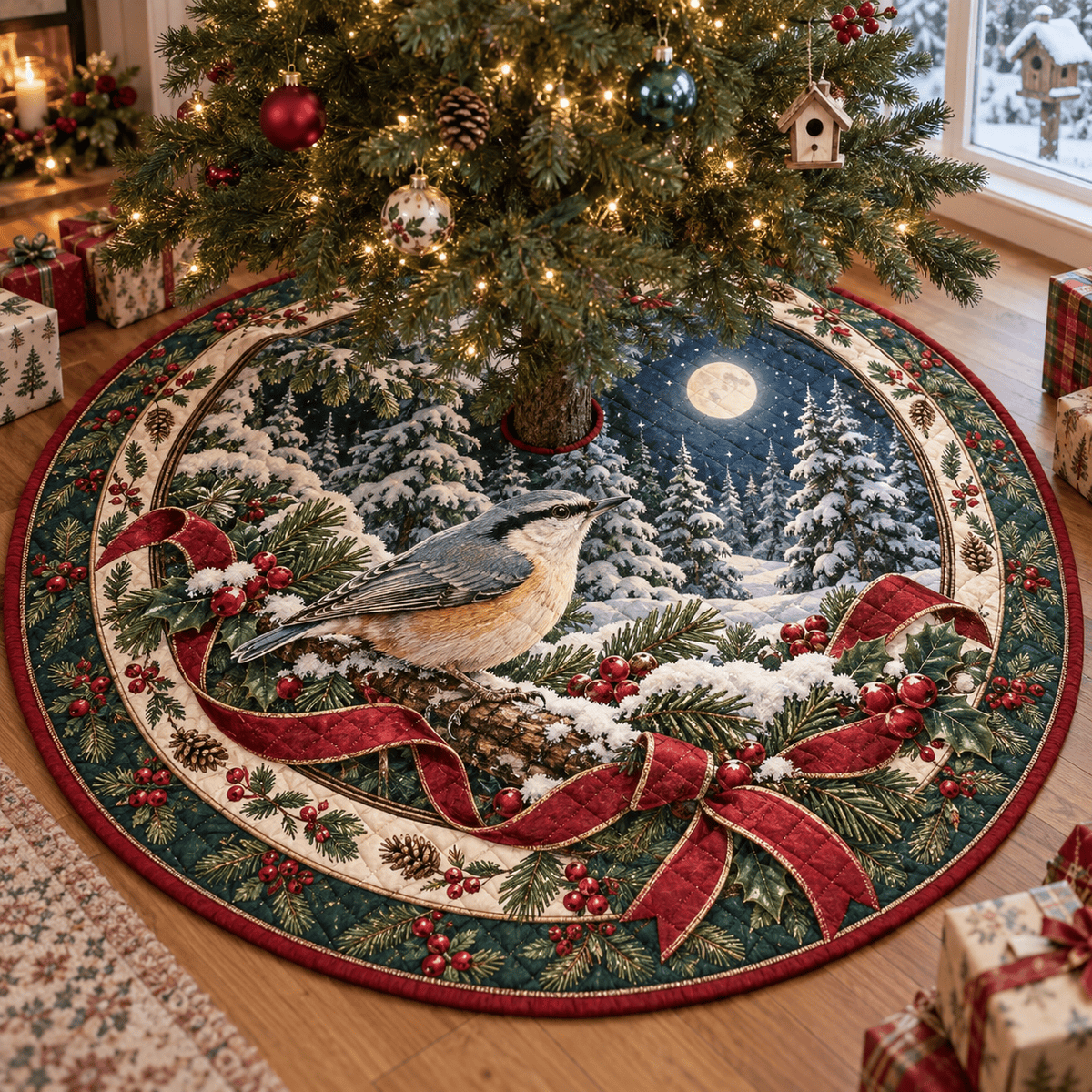 Nuthatch Quilted Christmas Tree Skirt TREEK101