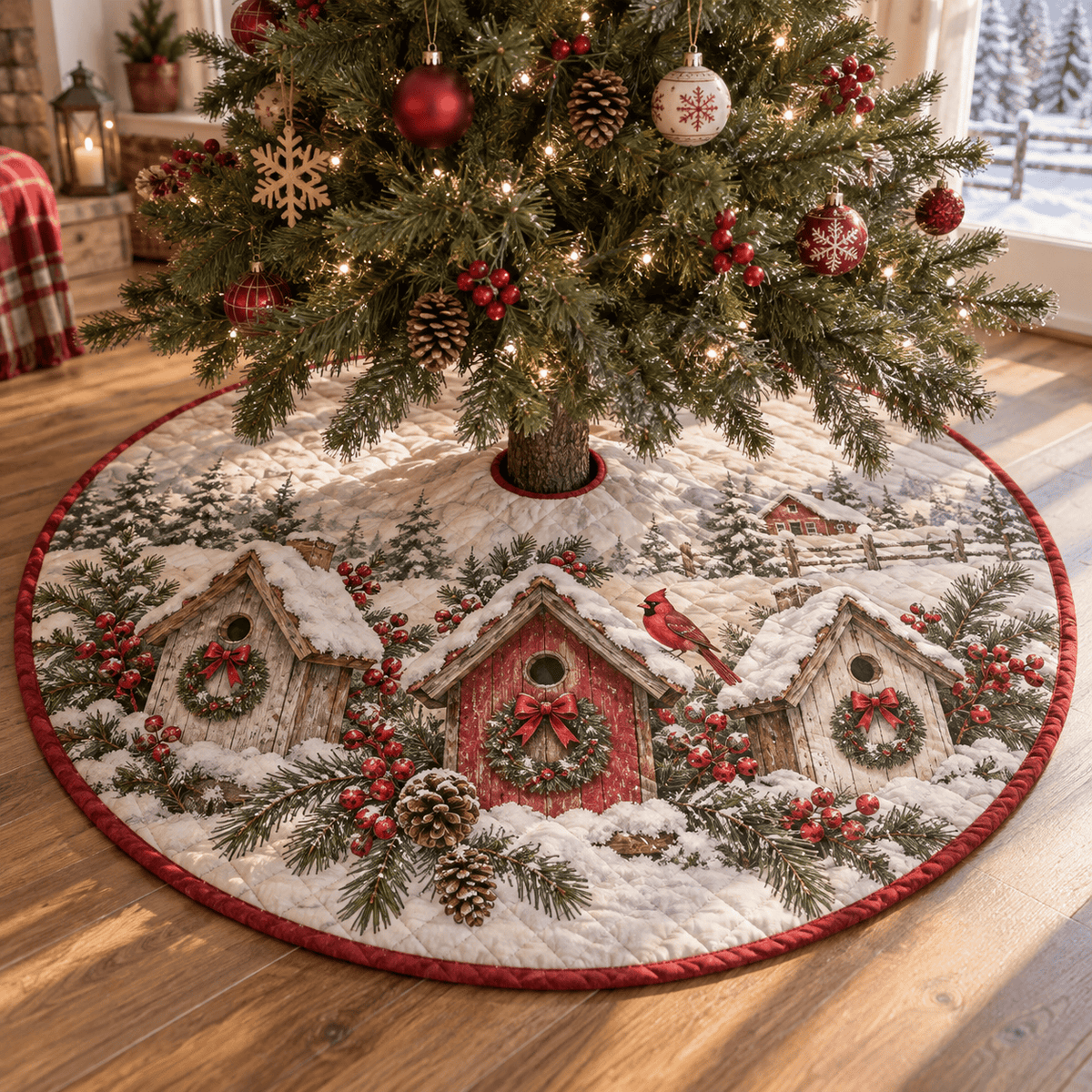 Snowy Birdhouse Quilted Christmas Tree Skirt TREEK101