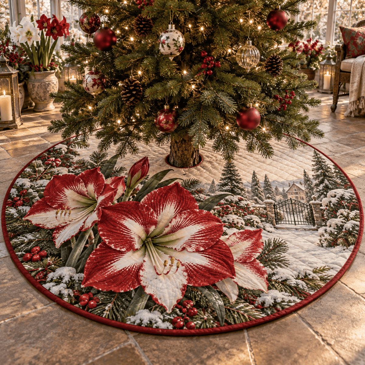 Winter Amaryllis Quilted Christmas Tree Skirt TREEK101
