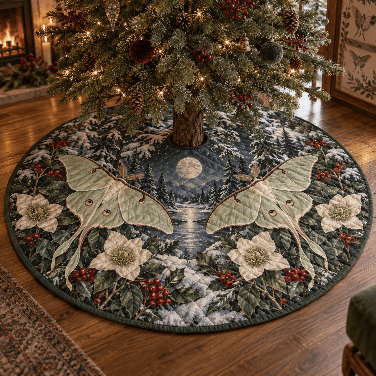 Winter Forest Moth Quilted Christmas Tree Skirt TREEK101