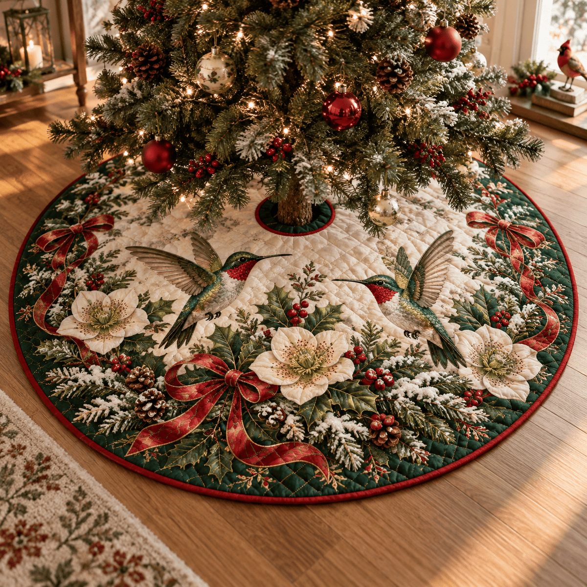 Winter Hummingbird Quilted Christmas Tree Skirt TREEK101