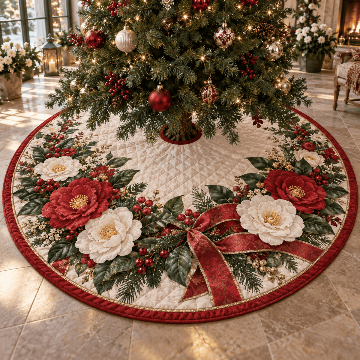 Winter Camellia Quilted Christmas Tree Skirt TREEK101