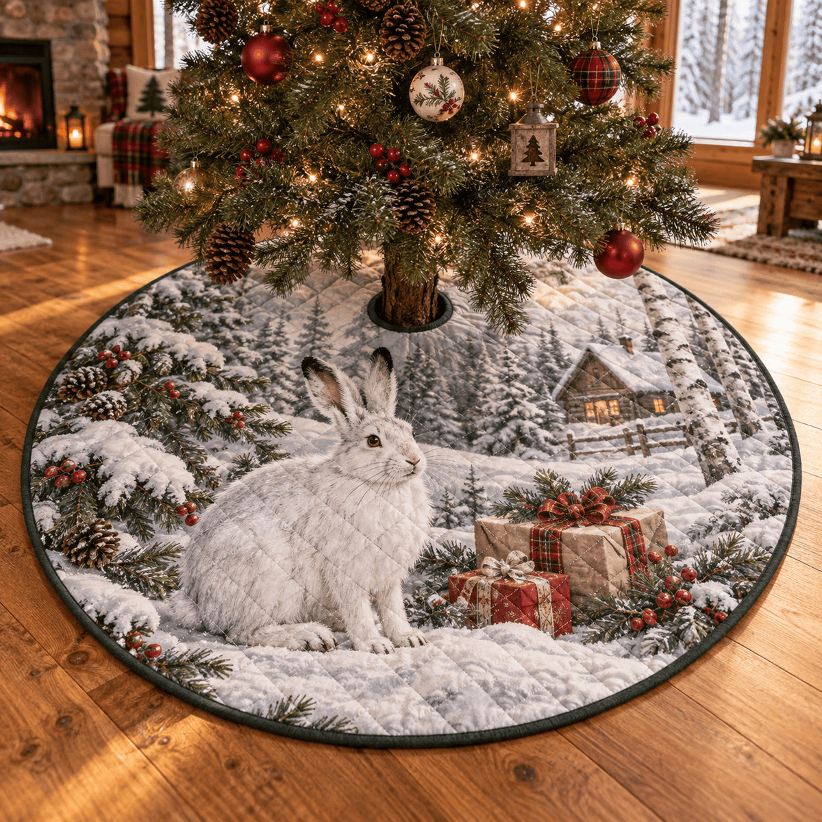 Winter Snowshoe Hare Quilted Christmas Tree Skirt TREEK101
