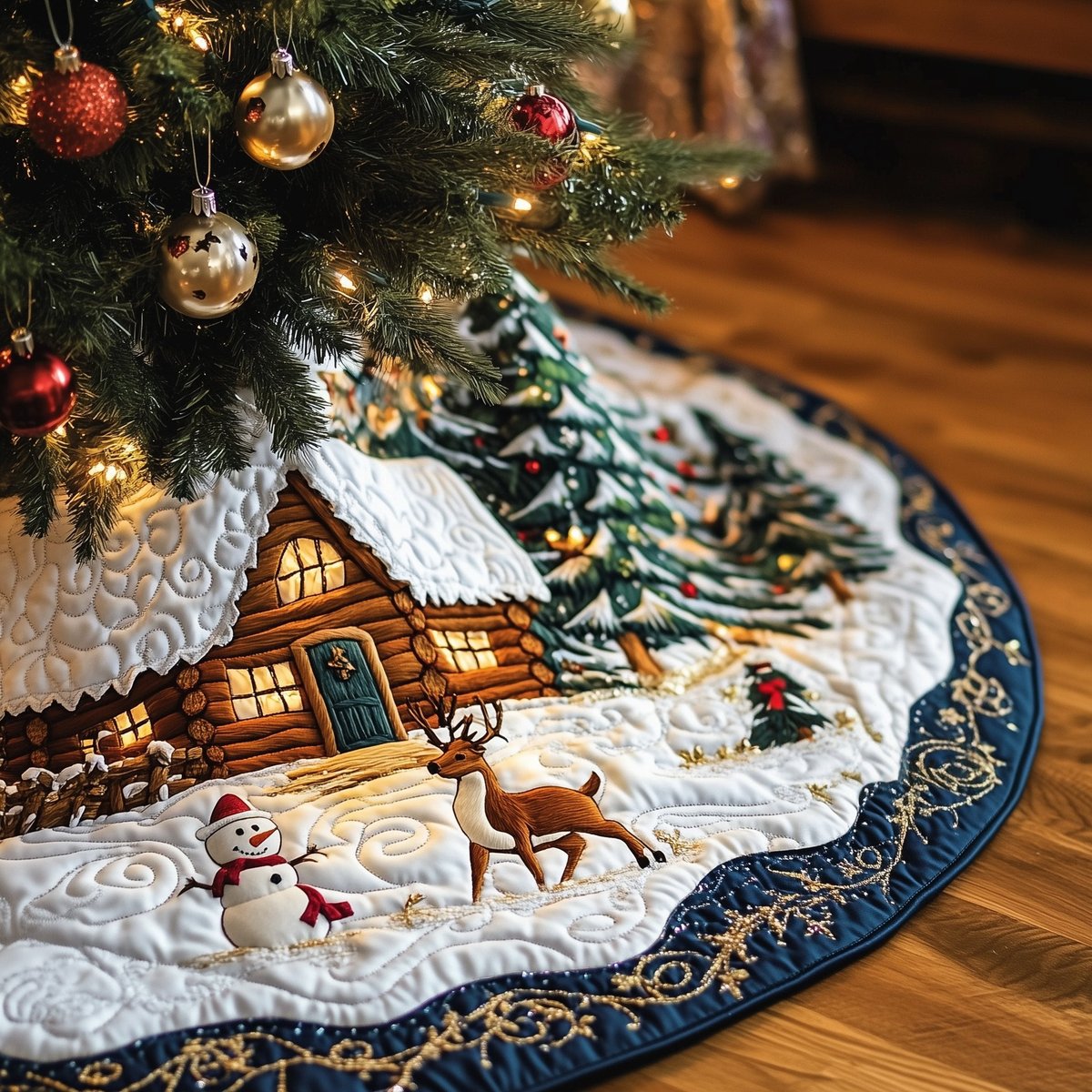 Cabin with Snowman and Reindeer Christmas Tree Skirt - Made to Order TREEK101