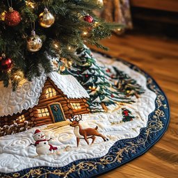 Cabin with Snowman and Reindeer Christmas Tree Skirt - Made to Order TREEK101