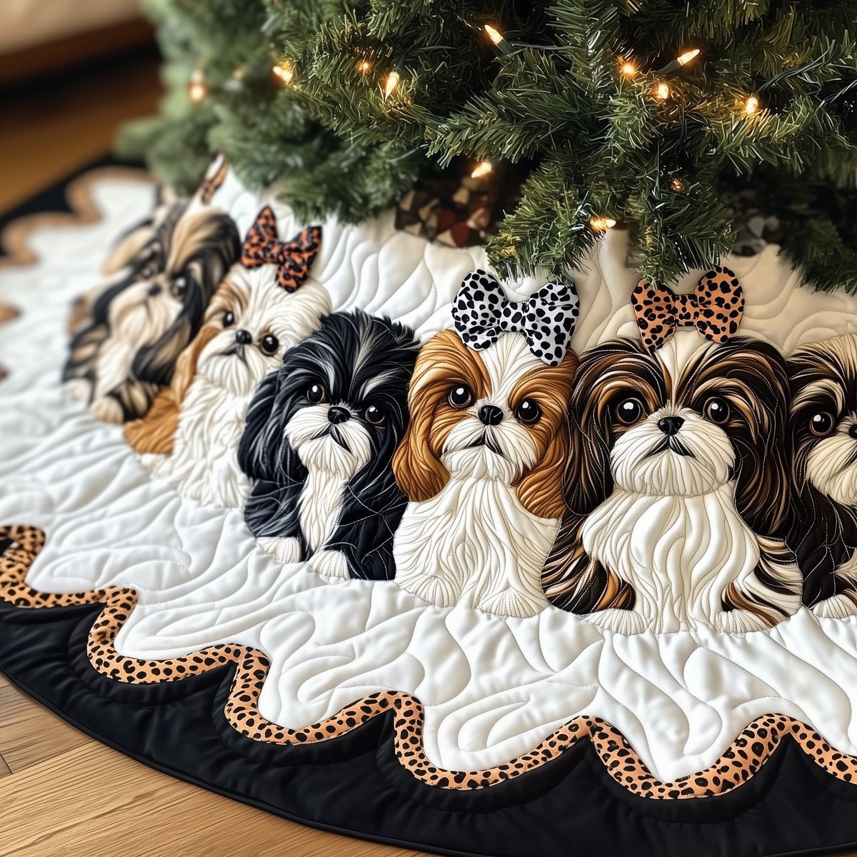 Shih Tzus with Leopard Print Bows Christmas Tree Skirt - Made to Order TREEK101