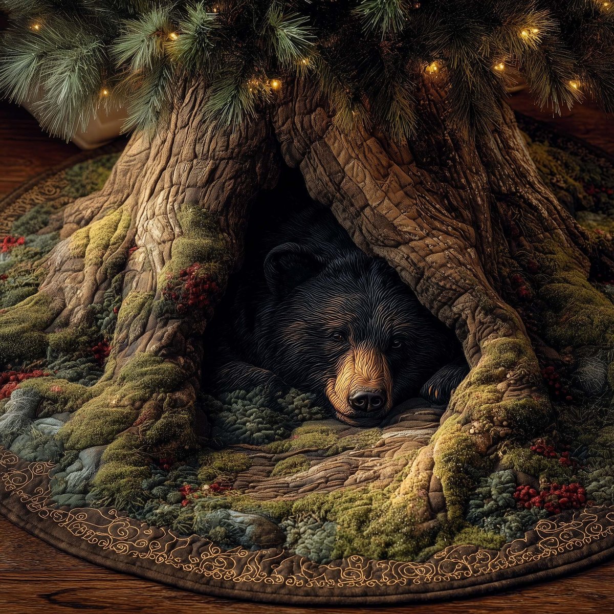 Black Bear Asleep in the Hollow Christmas Tree Skirt - Made to Order TREEK101