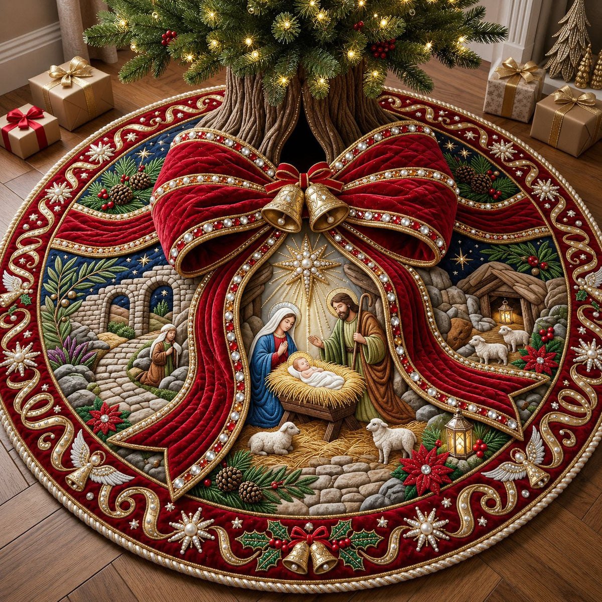 Red Bow Bell Nativity Christmas Tree Skirt - Made to Order TREEK101