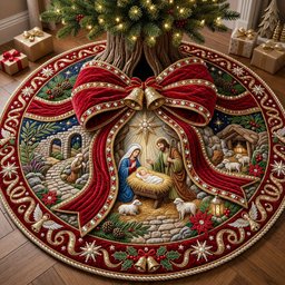 Red Bow Bell Nativity Christmas Tree Skirt - Made to Order TREEK101