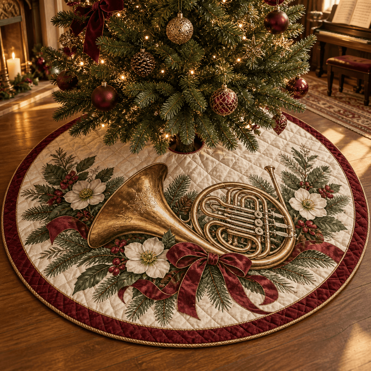 Holiday French Horn Quilted Christmas Tree Skirt TREEK101