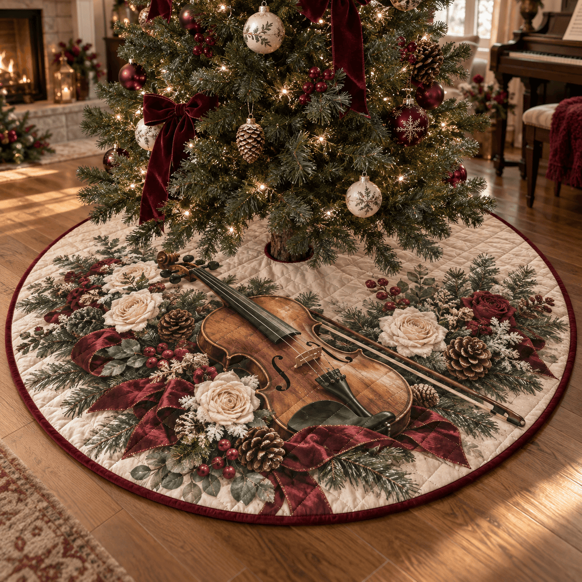 Holiday Violin Quilted Christmas Tree Skirt TREEK101