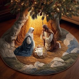 Nativity in Blue and Cream Christmas Tree Skirt - Made to Order TREEK101