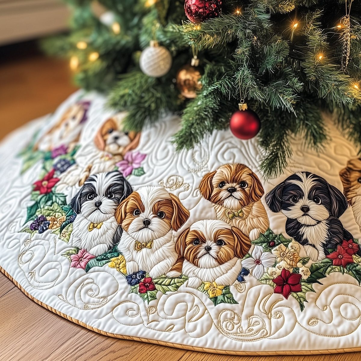Shih Tzus Among Pink Blossoms Christmas Tree Skirt - Made to Order TREEK101