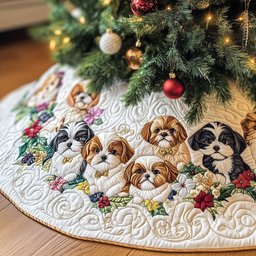 Shih Tzus Among Pink Blossoms Christmas Tree Skirt - Made to Order TREEK101