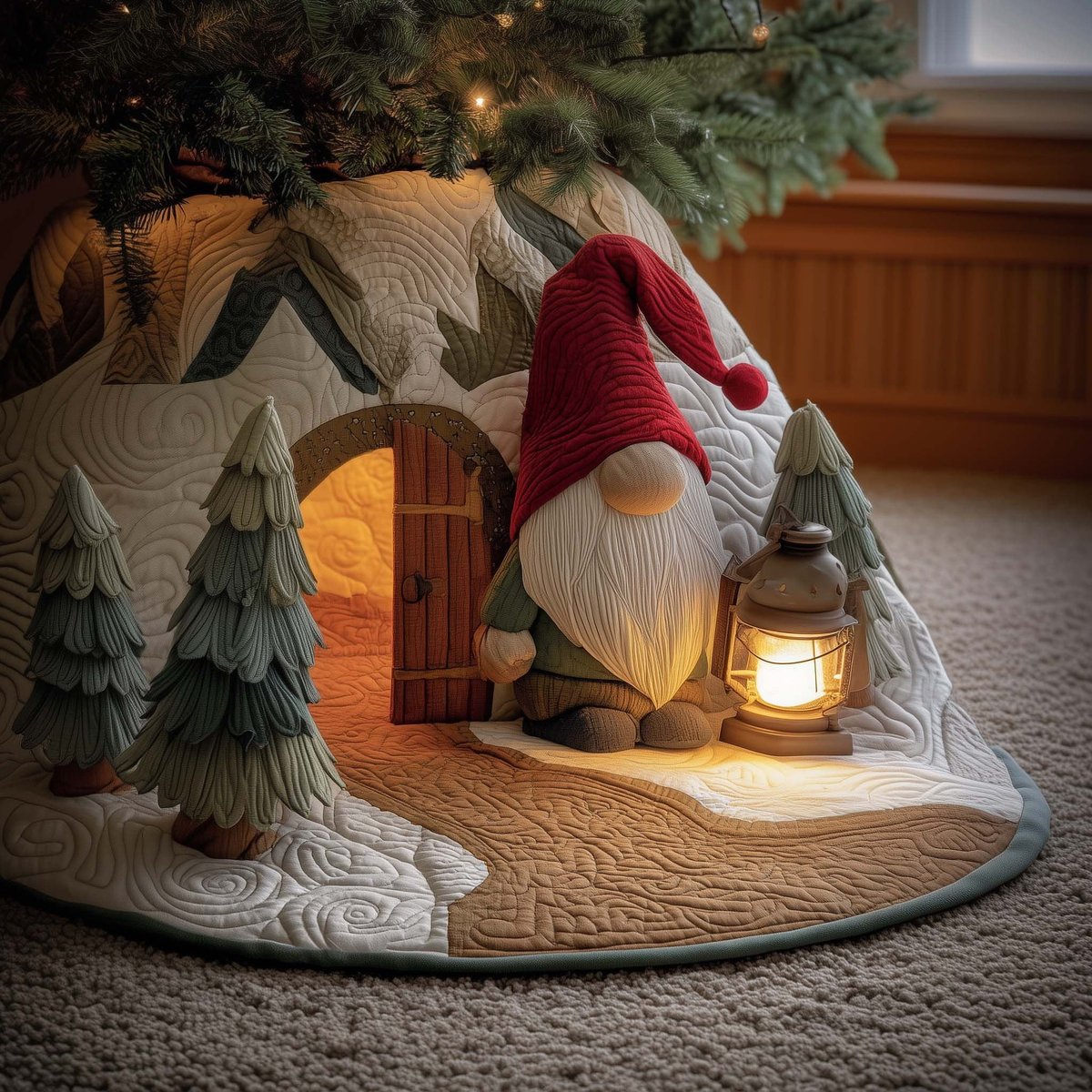 Gnomes at the Wooden Door Christmas Tree Skirt - Made to Order TREEK101