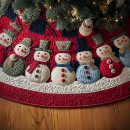 Snowmen Row on Red Quilt Christmas Tree Skirt - Made to Order TREEK101