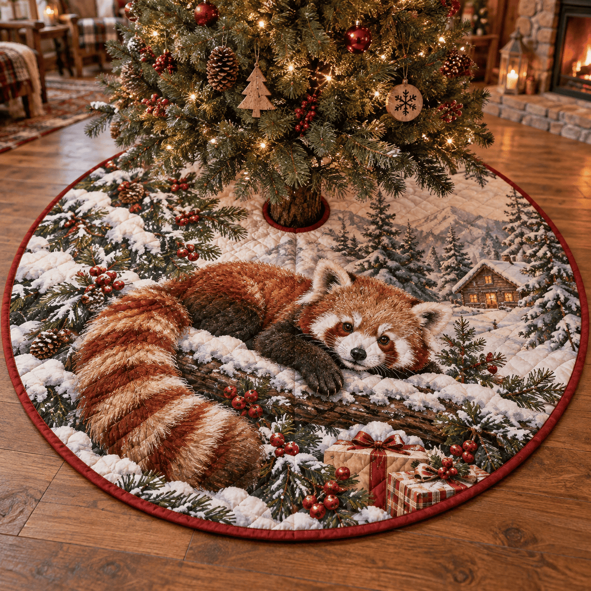 Winter Red Panda Quilted Christmas Tree Skirt TREEK101