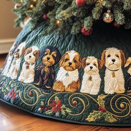 Yorkies and Maltese on Teal Scroll Christmas Tree Skirt - Made to Order TREEK101