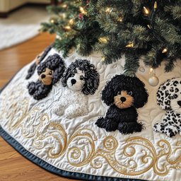 Grey and Black Poodles on White Christmas Tree Skirt - Made to Order TREEK101
