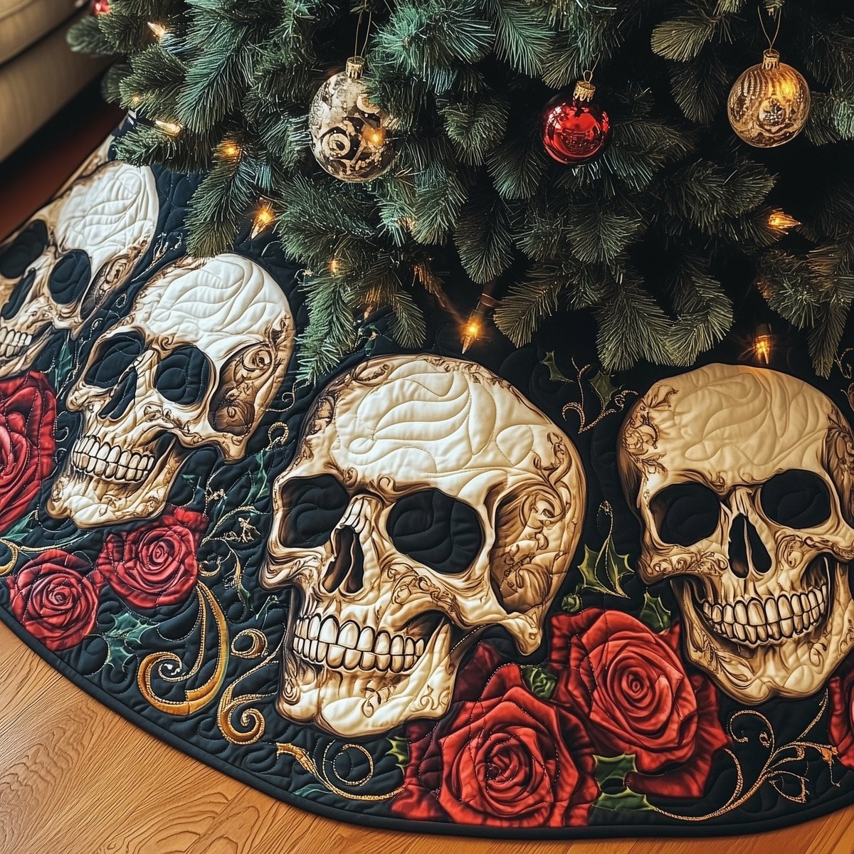 Skulls with Red Roses Christmas Tree Skirt - Made to Order TREEK101
