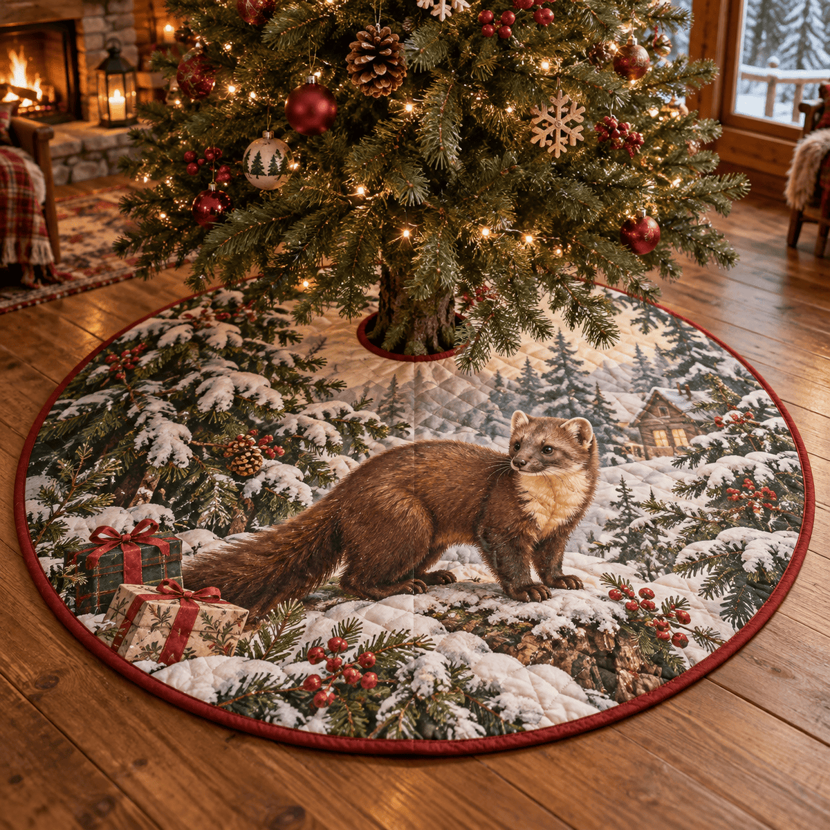 Winter Pine Marten Quilted Christmas Tree Skirt TREEK101