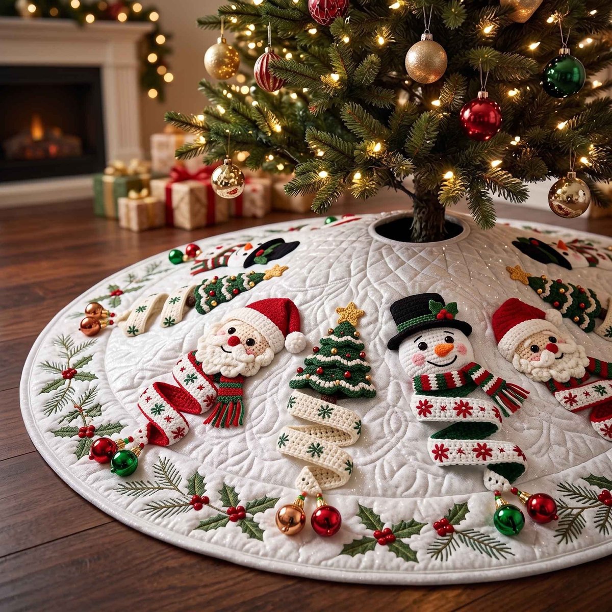 Snowflake Cream Santa And Tree Christmas Tree Skirt - Made to Order TREEK101