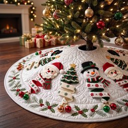 Snowflake Cream Santa And Tree Christmas Tree Skirt - Made to Order TREEK101
