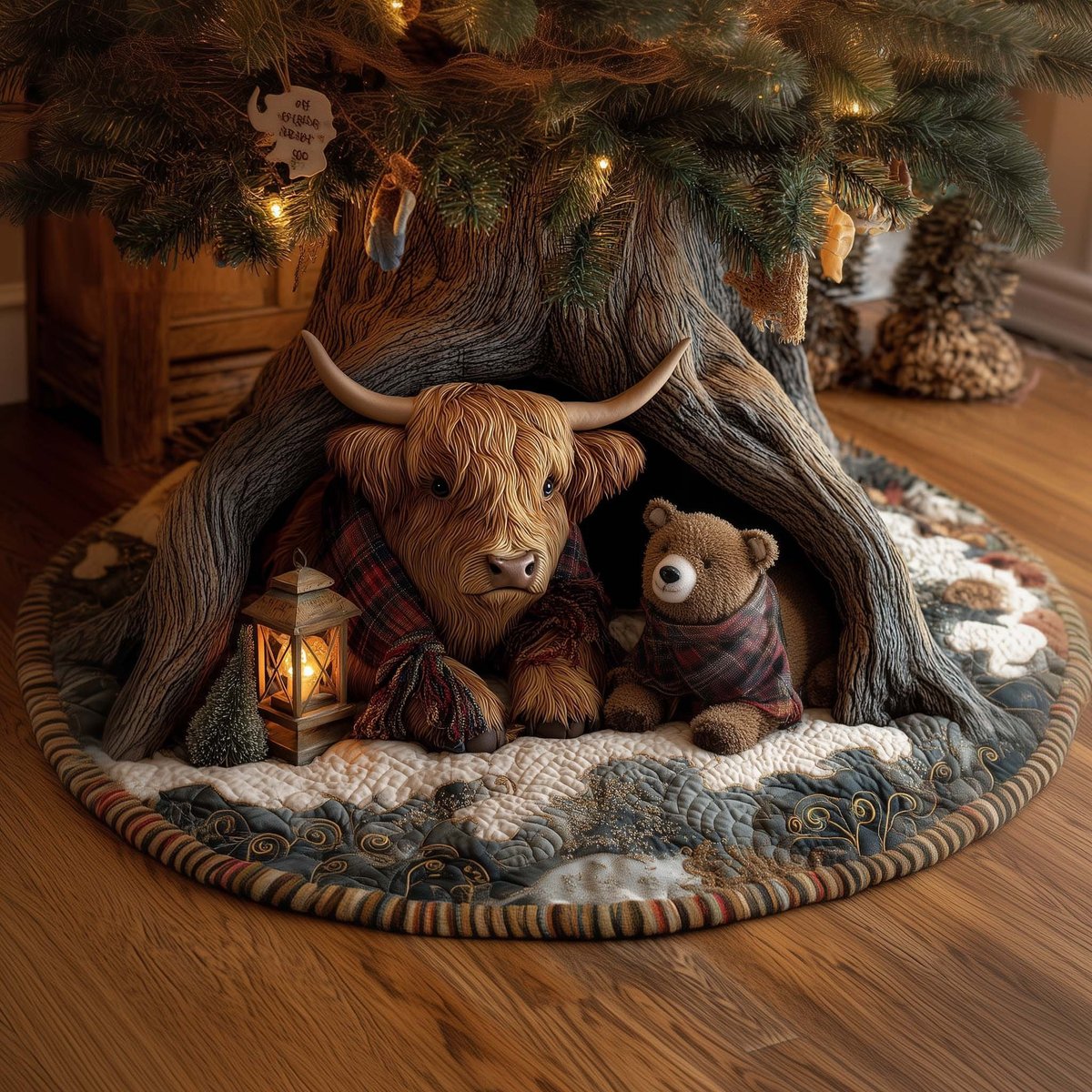 Highland Cow and Bear in a Hollow Christmas Tree Skirt - Made to Order TREEK101